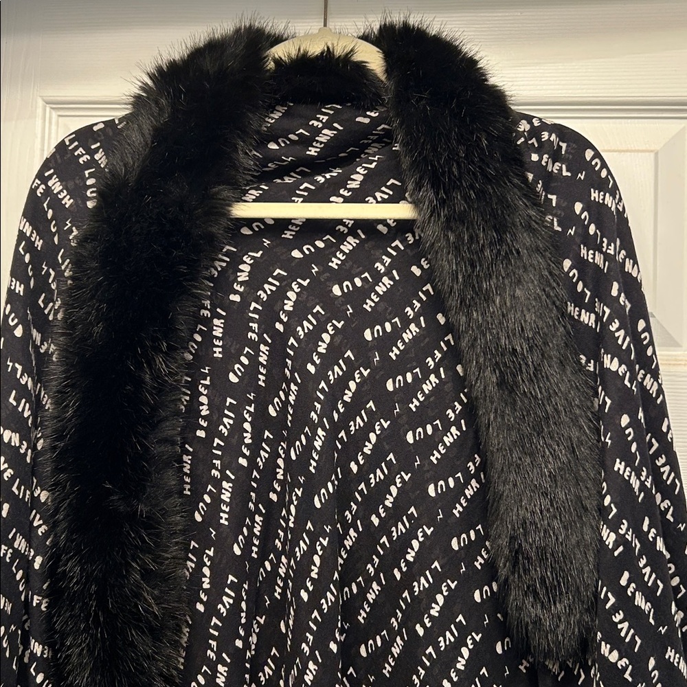 Henri Bendel -Black Faux Fur Stole with Text Print